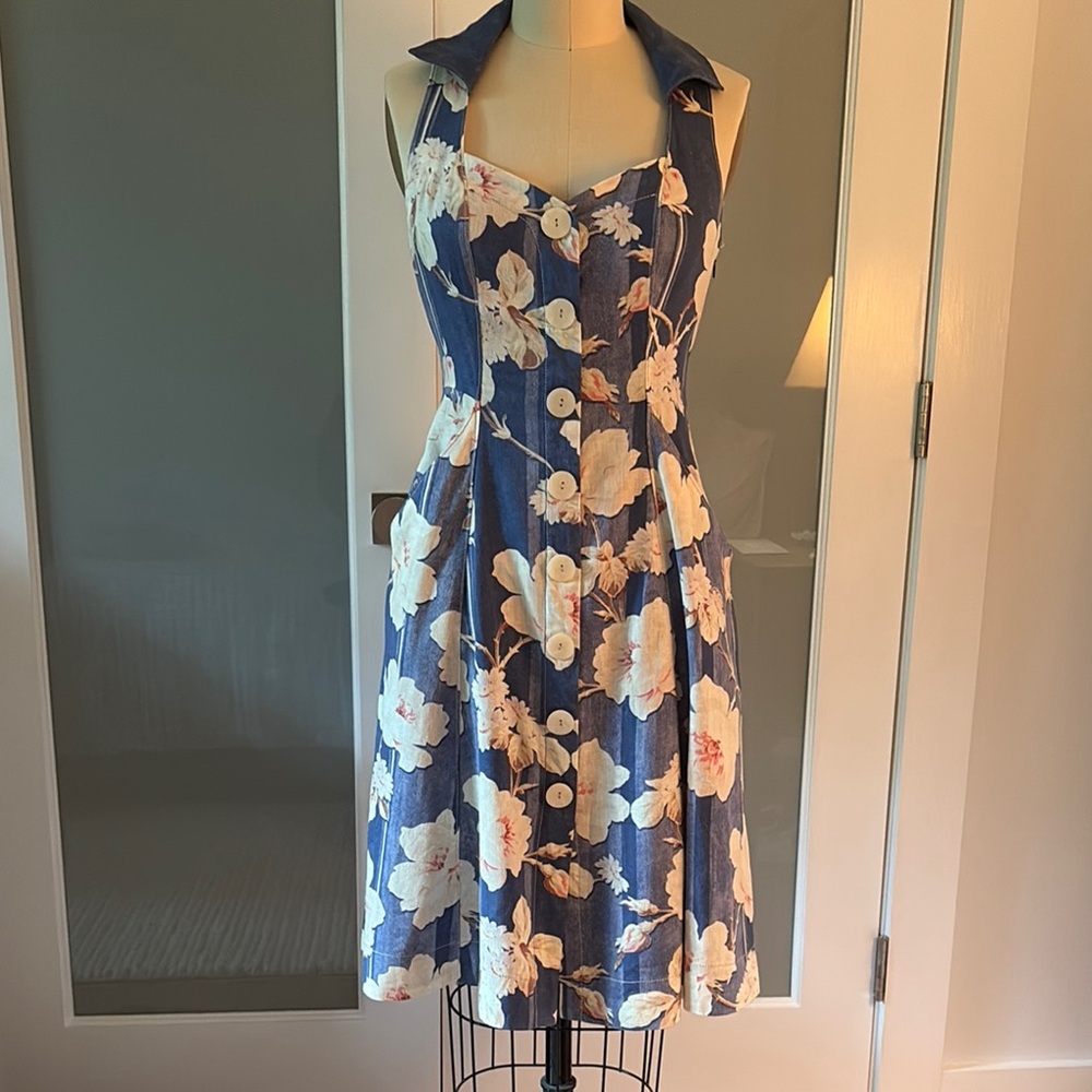 Anthropologie Blue Floral Midi Dress